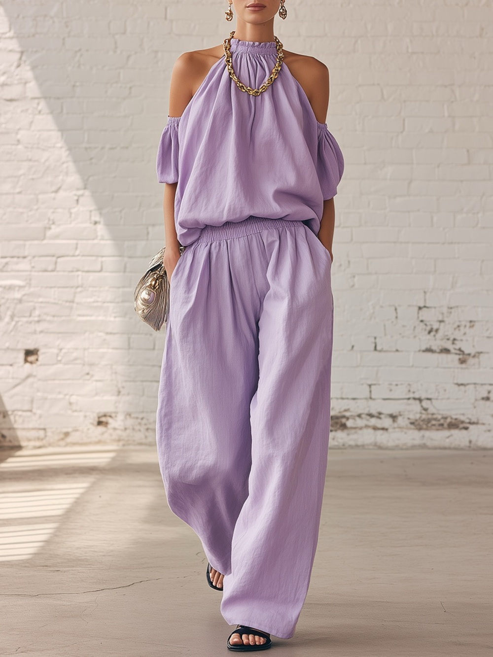 Full Size Cold-Shoulder Top and Wide-Leg Pant Set Plus Size